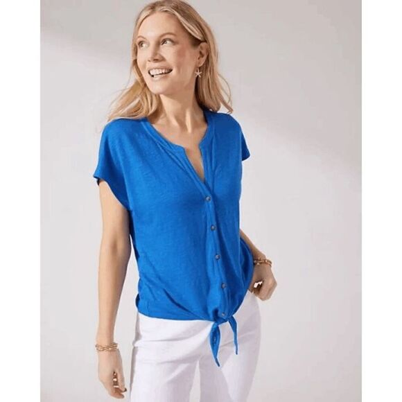Tommy Bahama Linnea Linen Tie Front Camp Shirt S/S Sz XS Blue - Picture 1 of 9